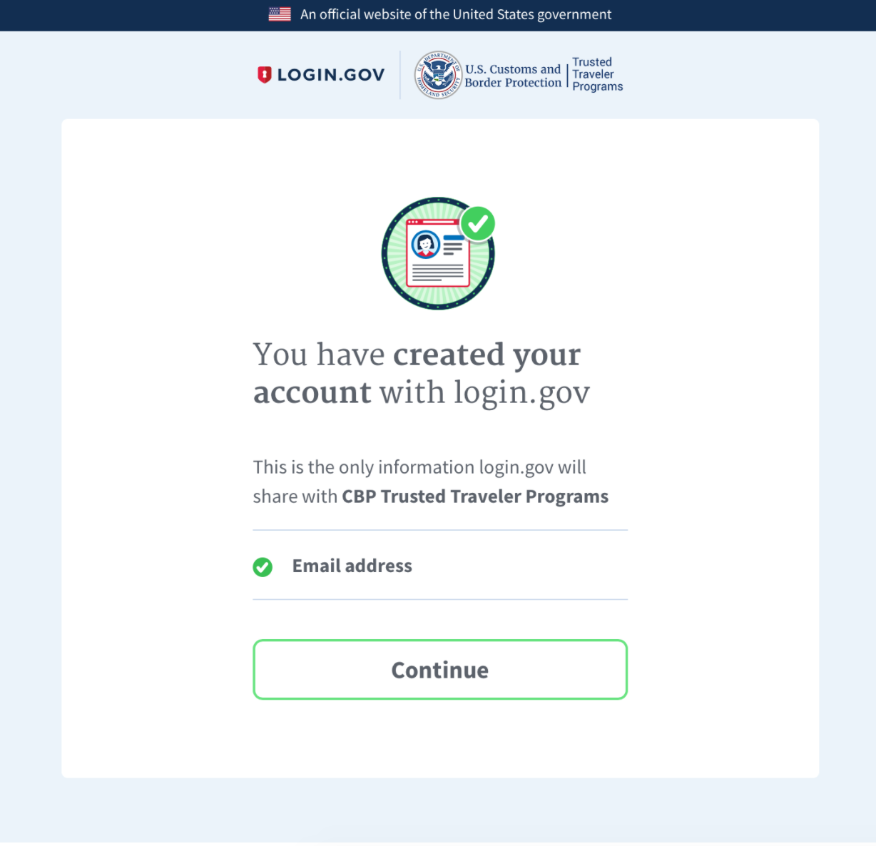login.gov created account page