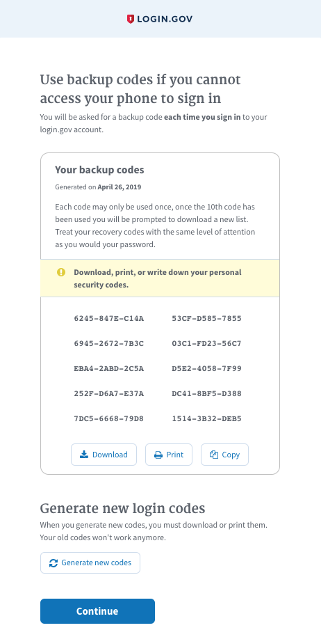 Backup codes generated help image
