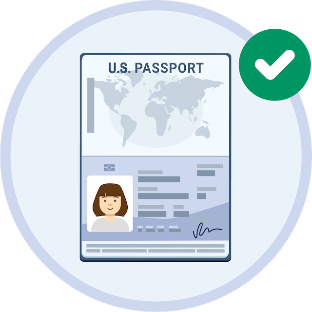 Illustration of passport-like document with green checkmark in upper right corner. 